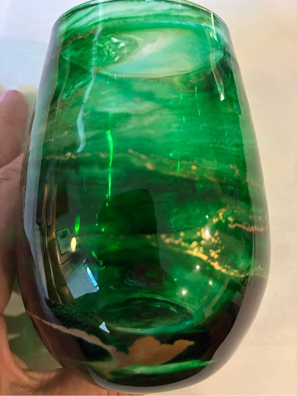 Handblown Green Glass Vase Wine Glass with Gold Veining Emerald Green Glass